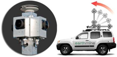 Photographs of a vehicle equipped with Earthmine data collection equipment and a closeup of that equipment
