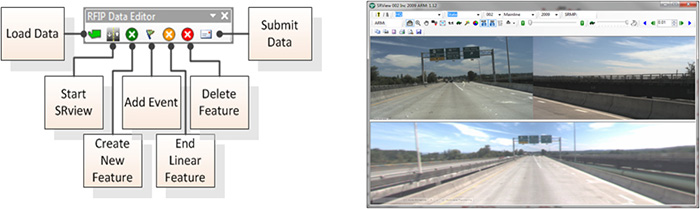 Two images: The first is a graphic of the RFIP Data Editor menu with informational boxes that detail the functions of the menu icons: Load Data, Start SRview, Create New Feature, Add Event, End Linear Feature, Delete Feature, and Submit Data. The second image is a screenshot from the RFIP Data Editor which is displaying three previously-collected videos.