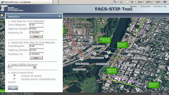 Screenshots from ODOT's Data2Go and FACS-STIP Tools