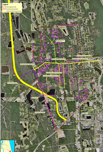 Screenshot of a St. John's County GIS map color-coded to show areas of pavement improvements