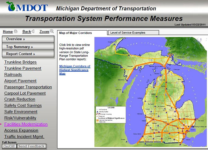 Screenshot of MDOT's GIS-based Transportation System Performance Measures