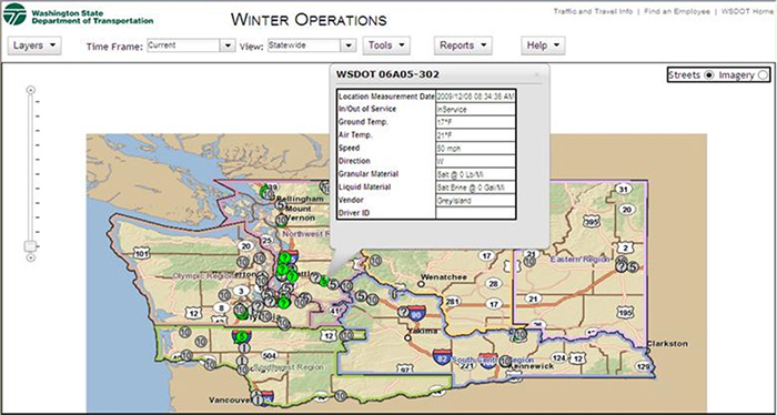 Screenshot from WSDOT's Winter Operations application displaying a state map with a Live Truck detail in an info window