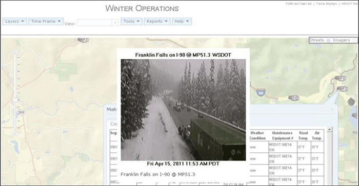 Screenshot from WSDOT's Winter Operations application displaying a map of an interstate highway with an info window with details and a photograph of road conditions