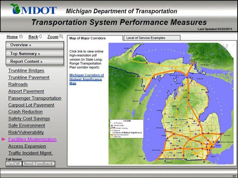 Screenshot of MDOT's Transportation System Performance Measures website