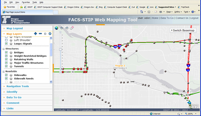 Screenshot from ODOT's FACS-STIP Web Mapping Tool with a map and a map legend