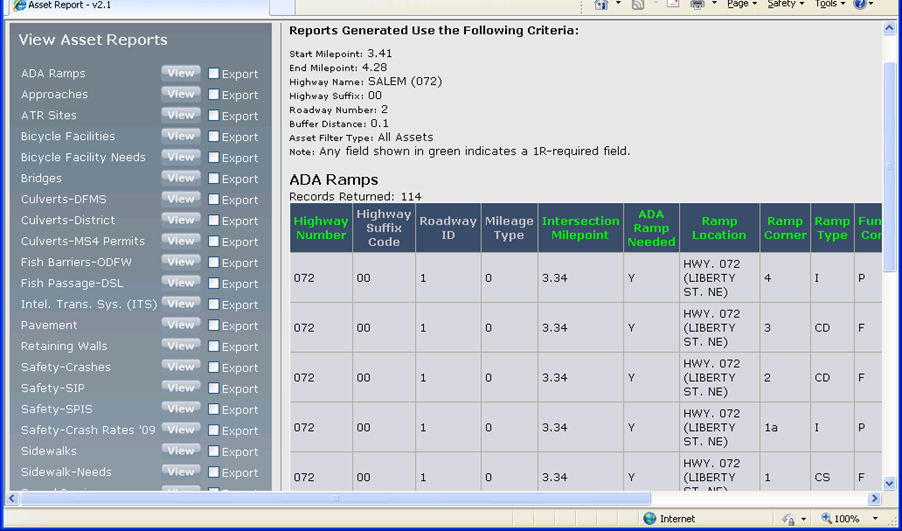 Screenshot showing a list of reports generated using ODOT's FACS-STIP Web Mapping Tool