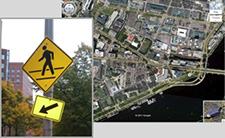 A yellow pedestrian sign and a Google map satellite image of the area surrounding the Volpe Center in Cambridge MA