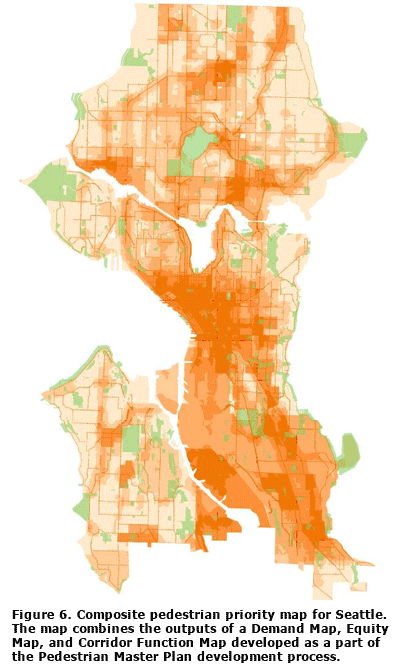 Figure 6. Composite pedestrian priority map for Seattle. The map combines the outputs of a Demand Map, Equity Map, and Corridor Function Map developed as a part of the Pedestrian Master Plan development process.