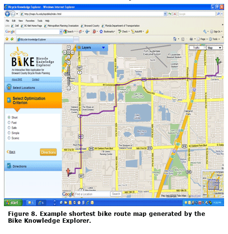 Figure 8. Example shortest bike route map generated by the Bike Knowledge Explorer.