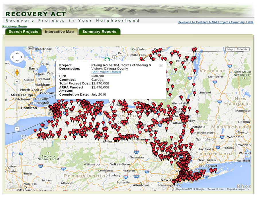 Screenshot of an interactive map on NYDOT's ARRA Portal showing a map of New York state marked with numerous red Google markers. A Google infoWindow rises up from one of the red markers and displays project details
