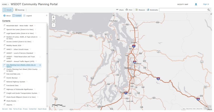Screenshot from WSDOT's CPP displaying a map of the greater Seattle area and a menu list of data layers which are user-selectable