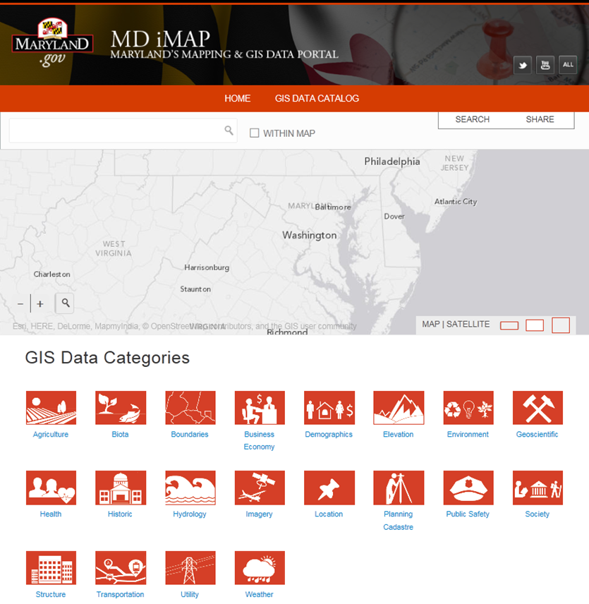 Screenshot from Maryland's Mapping and GIS Data Portal website showing an unlayered map of Maryland and a menu of twenty data categories that can be used to layer over the map
