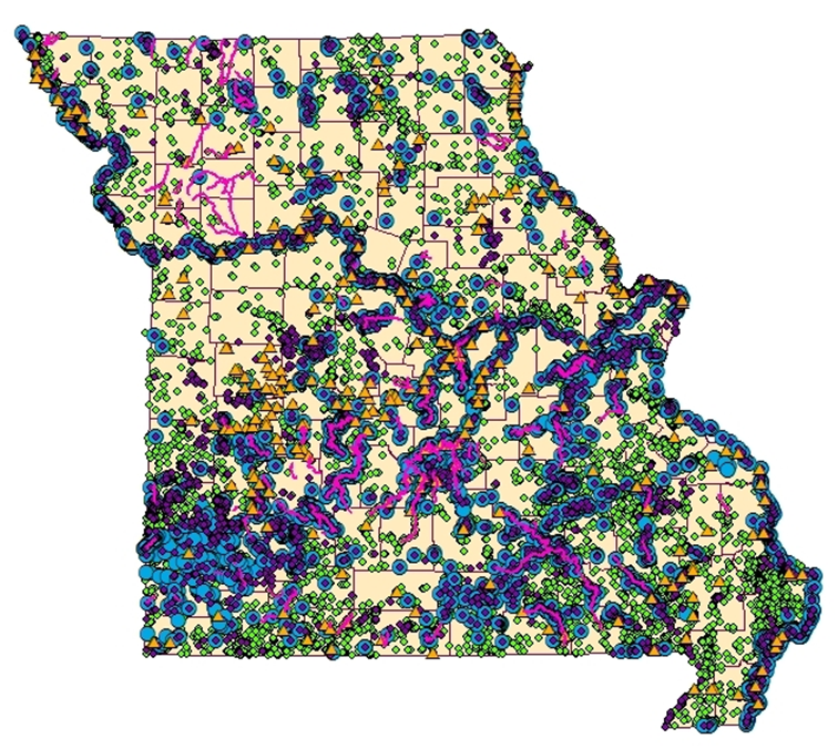 Layered map of Missouri from Missouri's National Heritage Database which is covered with symbols of different shapes and colors to mark locations of various environmental resources