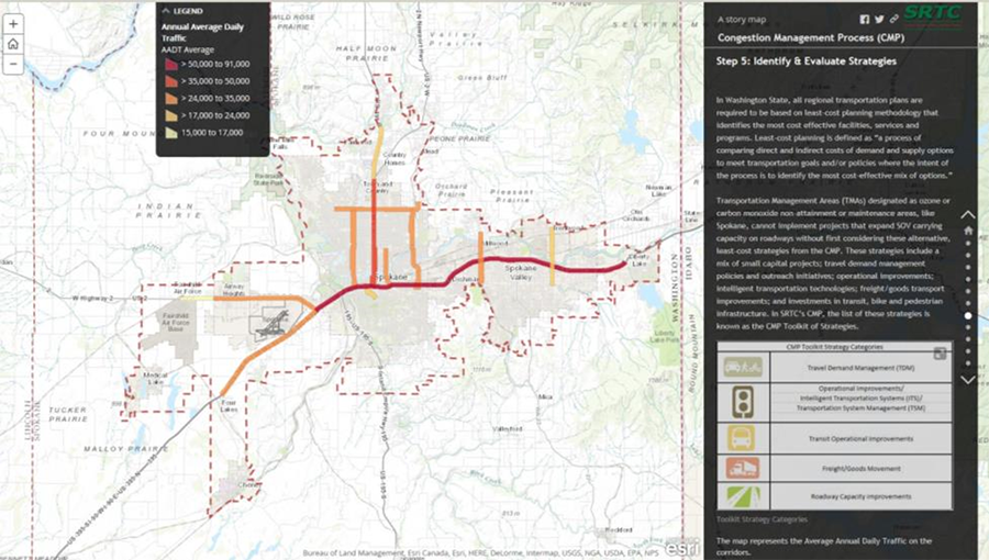 screenshot of the SRTC toolkit displaying a map of the Spokane area with content describing CMP Step 5: Identify and Evaluate Strategies