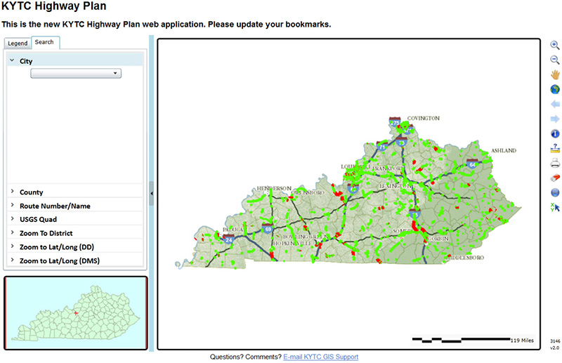 Screenshot from the KYTC Highway Plan portal showing a map of Kentucky, color-coded to show authorized or awarded construction projects (red) and planned projects (green).