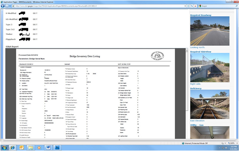 Screenshot of a Bridge Dashboard from the GeoTRAQs GIS portal showing different truck types, a Bridge Inventory Data Listing, and photographs of bridges.