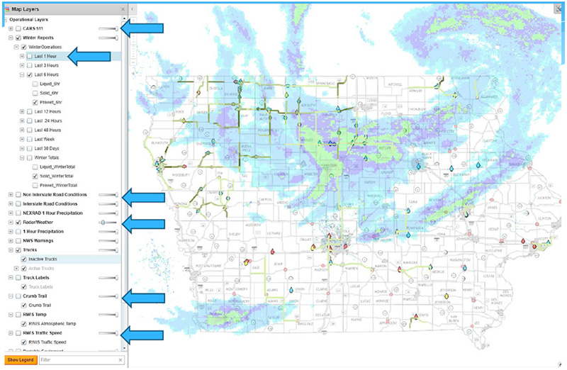 Screenshot from Iowa DOT's Snow Plow Portal showing a map of Iowa superimposed with a real-time weather radar image, which shows stormy weather across the northern half of the state.