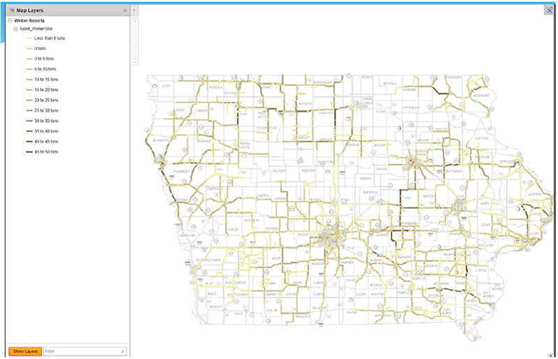 Screenshot from Iowa DOT's Snow Plow Portal showing a map of Iowa whose highways are colored to show the use of solid materials over the course of an entire winter season. Darker lines, which signify greater use of solid materials, appear around major cities.
