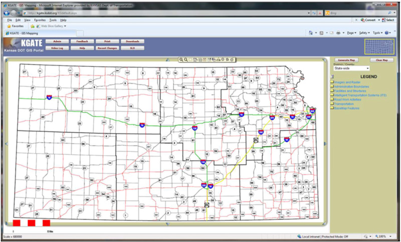 Screenshot of the KGATE home screen showing a map of Kansas, the major highways, the six state highway divisions, the legend, and a list of layer options.