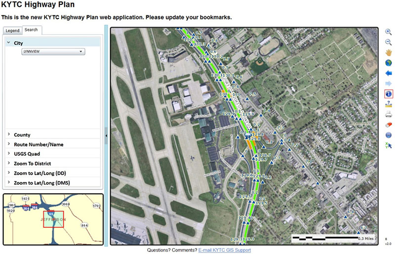 Screenshot from the KYTC Highway Plan portal showing a satellite photograph of a section of a highway color-coded green to denote it as a planned project. Bridges along this highway section are color-coded orange.