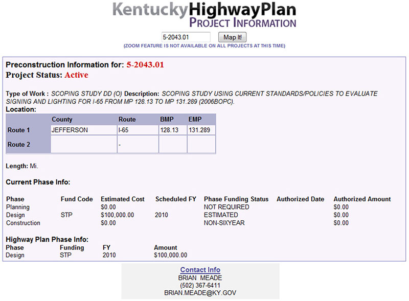 Screenshot from the KYTC Highway Plan portal showing a Project Information screen for Project 5-2043.01, which includes project status, type of work, description, location, length, current phase info, and Highway Plan Phase info.