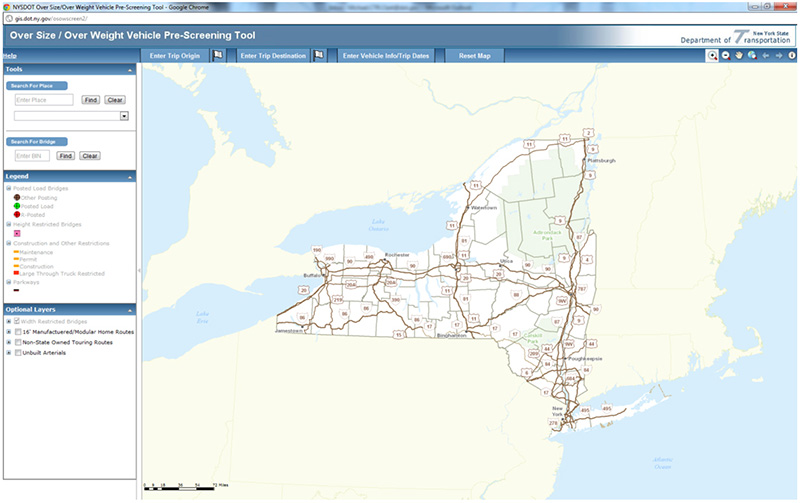Screenshot from the NYSDOT Oversize/Overweight Tool showing a map of New York State with major highways labeled.