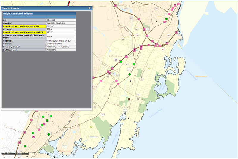 Screenshot from the NYSDOT Oversize/Overweight Tool showing a map of Westchester County, NY, with pink and green squares to show the locations of bridges. The height restriction data for one bridge is displayed in a screen superimposed on top of the map.