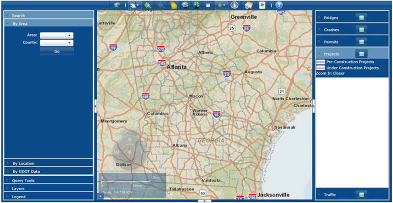 Screenshot from the GeoTRAQs GIS portal that displays a map of Georgia with major highways labeled. A left menu allows the user to search; filter the data by area, by location, and by GDOT data; use Query Tools; use Layers; and access a Legend. The right menu allows the user to filter the data by bridges, crashes, permits, or projects.