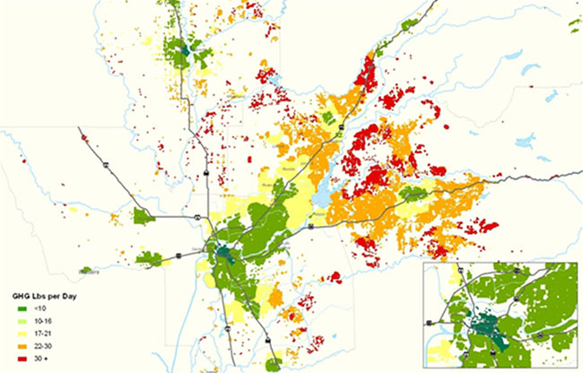 Map of the Sacramento region color-coded to show five levels of daily transportation-related GHG emissions