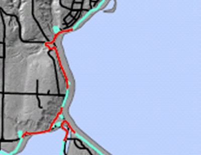 Screenshot of a computer-generated map of the Dockton Road Project with blue lines showing roads where potential sea level rises might extend over the road surface