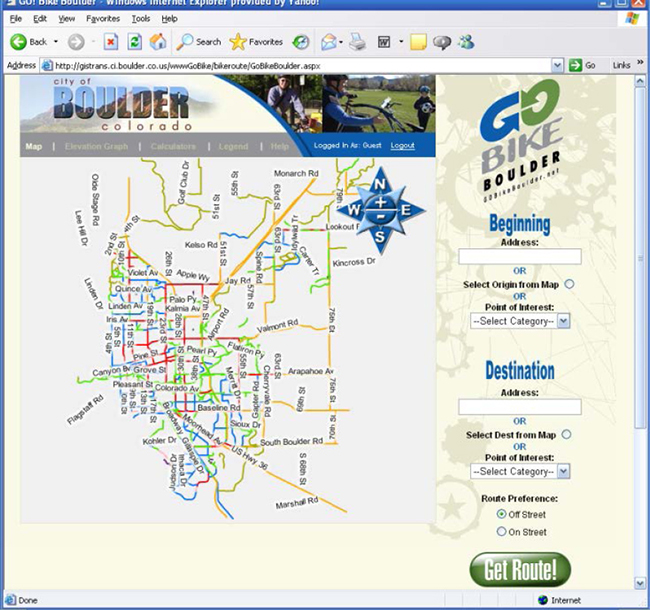 Screenshot from the Go Bike Boulder website home page, with a colored lined map and a map routing form, which allows visitors to plot trips by selecting or inputting a beginning location and a destination.