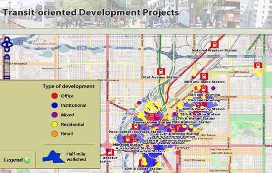 TOD viewer screenshot which shows a map of the streets of downtown Denver. Main streets, transit stations, and half-mile walksheds are plotted, as are colored circles to indicate the development type (red for office, blue for institutional, purple for mixed, yellow for residential, and orange for retail.