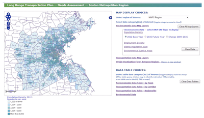 screenshot of an interactive map page on the LRTP Needs Assessment section of the Boston Area MPO website