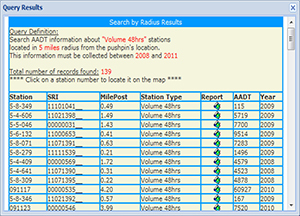 Screenshot of the results of a TMS mapping interface Advanced Search by Radius Query, which shows the Query Definition (search parameters), number of records found, and a table of results