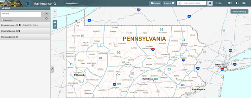 screenshot of the Maintenance-IQ system displaying a map of Pennsylvania and a user interface allowing for different dynamic, external, and drawing layers