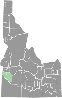 Map of Iowa with Canyon and Ada Counties highlighted in green, located at the southwestern part of the state