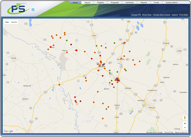 screenshot from the P2S tool which shows a map of the area around Fairfax and Allendale, South Carolina marked with color-coded circles