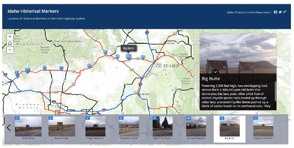 Screenshot from the StoryMap feature in IPLAN, displaying the locations of Historical Markers along Rte 20 in Idaho