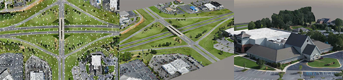 ALDOT-created 3D mesh progression displaying three images: aerial image of area overlaid with dots; rendering of that area; and a zoomed area of that rendered image