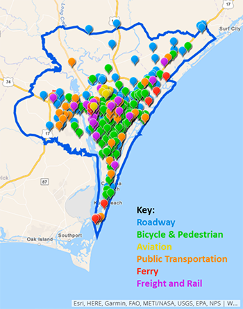 Screenshot of WMPO’s Open Data Interactive Mapping Tool displaying a map of the Wilmington area with color-coded map markers indicating locations of areas of concern to residents: roadway, bicycle and pedestrian, aviation, public transportation, ferry, and freight and rail