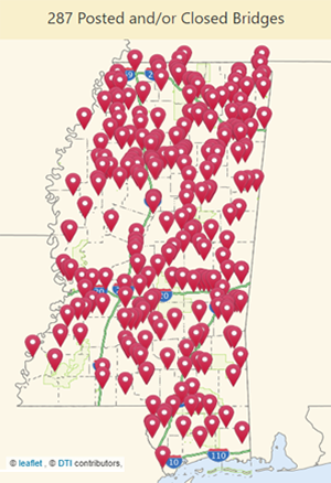 Screenshot of an interactive map of Mississippi with map markers indicating the locations of 287 posted and/or closed bridges