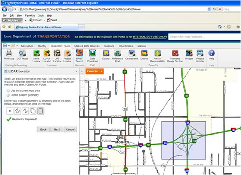 Screenshot of the LiDAR Locator screen on Iowa DOT's Highway Division Portal