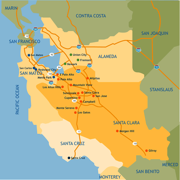 Color-coded county map of the Santa Clara Valley, California region. Major highways have been plotted and labeled on the map.