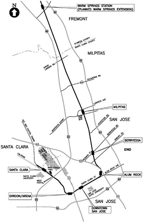 Black and white map drawing of the Berryessa Extension Project with towns, highways, streets, and landmarks labeled