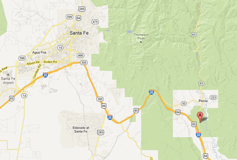 Google map image of the area southeast of Santa Fe, New Mexico, marked to show the location of Pecos National Historic Park