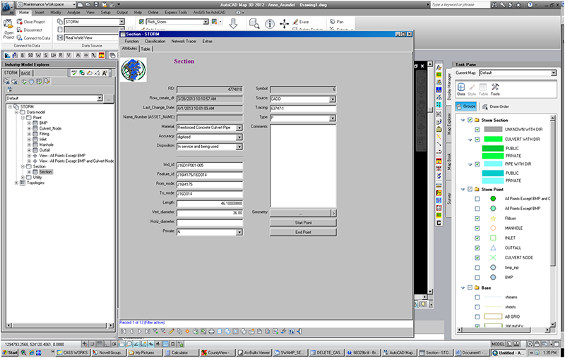Screenshot of the AutoDesk form used to digitize CAD data for entry into the Oracle Spatial database