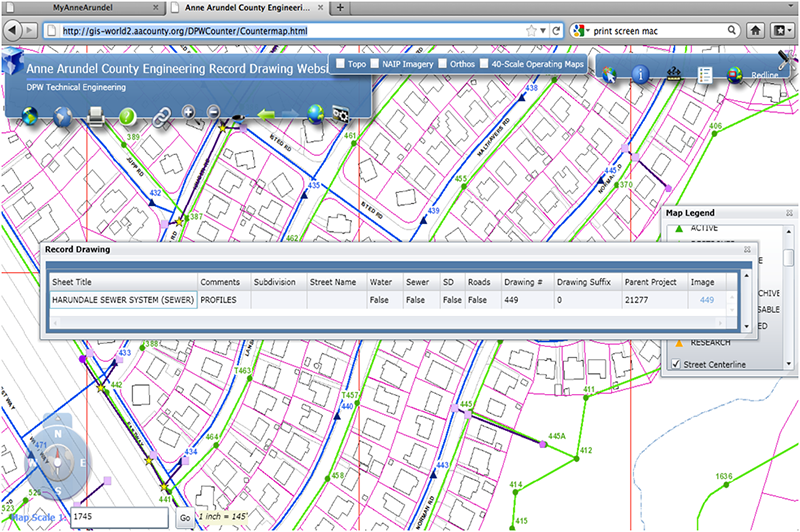 Screenshot of the Anne Arundel County Engineering Record Drawing website showing the results of a search for sewer infrastructure within a county neighborhood