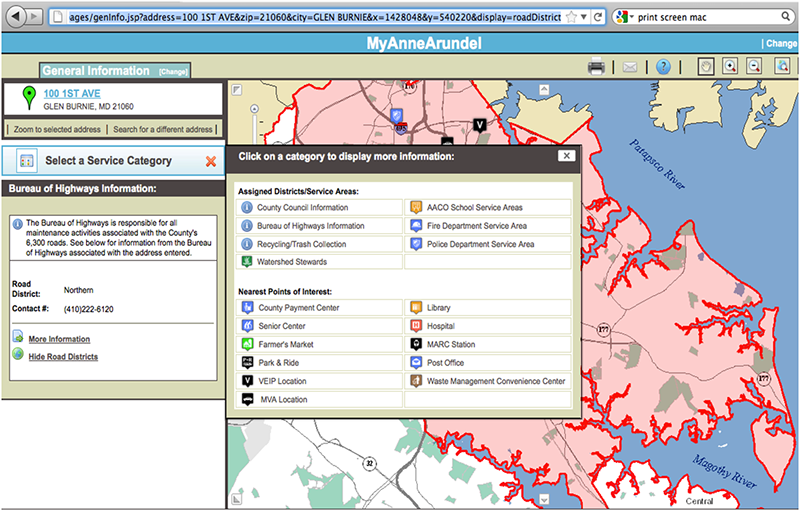 Screenshot of MyAnneArundel, an interactive website that displays Bureau of Highways data along with other community information