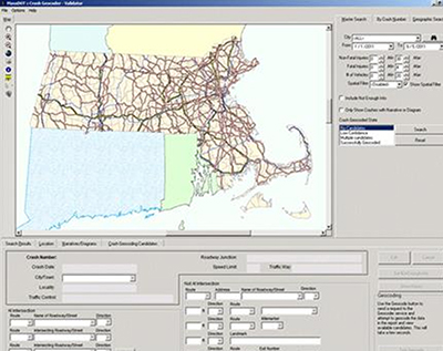 Screenshot of MassDOT's crash mapping tool that shows all the data input fields and a map of Massachusetts with lines that represent major highways