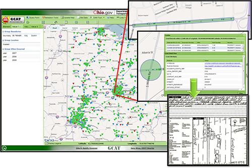 Screenshot of Ohio DOT's GIS Crash Analysis Tool which shows a map of Ohio, overlaid by an insert with a magnified map of a crash site, then itself overlaid with a screen showing the crash data, as well as the original written crash report